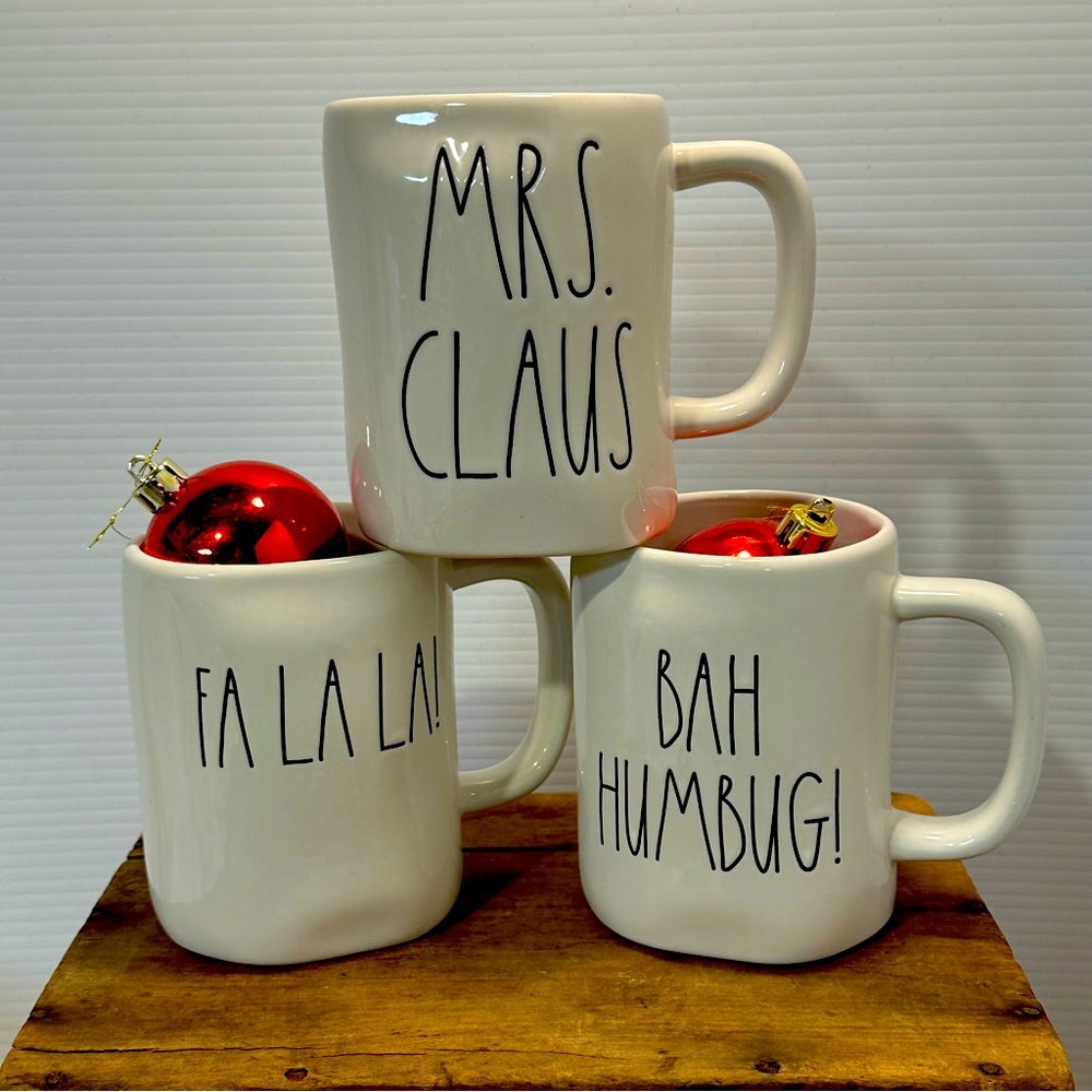 Rae Dunn HOLIDAY Mugs- Set of 3-Bah Humbug, Fa La La!, Mrs Claus